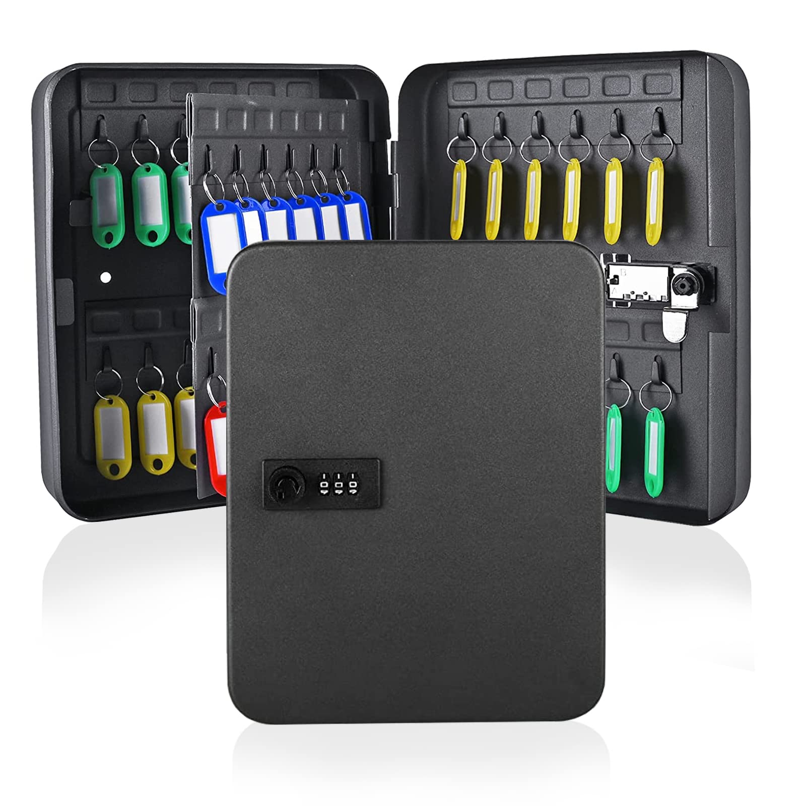 Qulable Combination Key Safe - Wall Mounted Key Box 48-key Steel Key Cabinet - Key Lock Box Outdoor with Code & 50 Key Tags Keysafe Outside Large (Black)