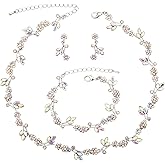 Brides Bridesmaid Flower Leaf Choker Necklace Dangle Earrings Link Bracelet Austrian Crystal Wedding Jewelry Set for Prom Costume Party Accessories for Woman