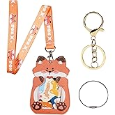 NEWEST Cute Fox ID Badge Holders with Lanyard Keychain Key Ring, PU Leather Luggage Tag for Suitcase with Metal Loop, Lovely Animal ID Card Name Tag Identifier for Nurse Teacher Student Staff
