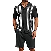 COOFANDY Men's 2 Piece Outfits Summer Short Sets Vintage Knit Button Down Shirt Short Sleeve Polo Casual Beach Suits