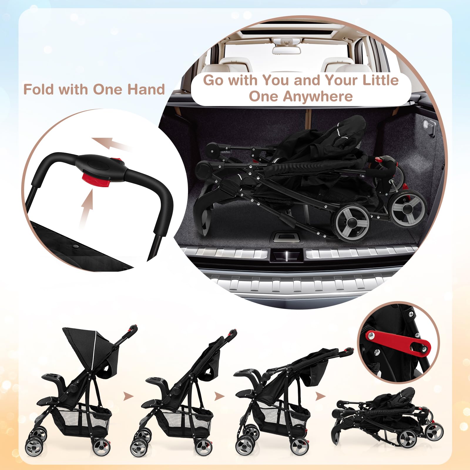 Baby Joy Lightweight Stroller, Compact Toddler Travel Stroller for Airplane, Infant Stroller w/Adjustable Backrest/Footrest/Canopy, 5-Point Harness, Storage Basket, Easy One-Hand Fold, Black
