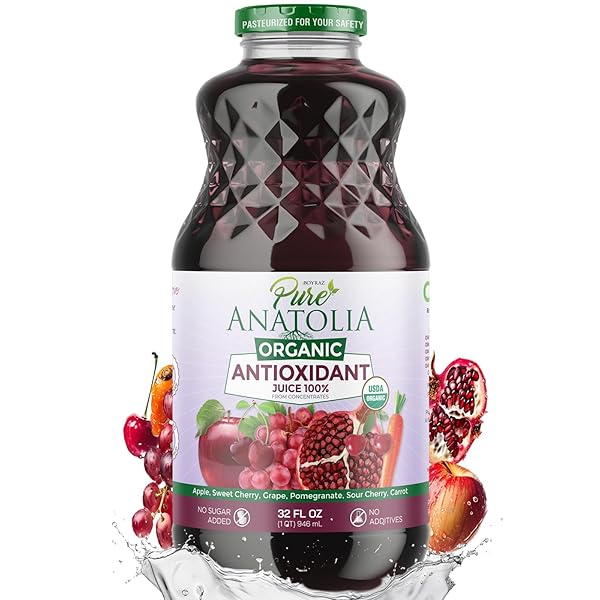 PURE ANATOLIA ORGANIC ANTIOXIDANT DETOX JUICE 32 FL OZ – BLEND OF APPLE, SWEET CHERRY, GRAPE, CARROT, TART CHERRY AND POMEGRANATE – IMMUNE BOOSTING GLASS BOTTLE (PACK OF 1)