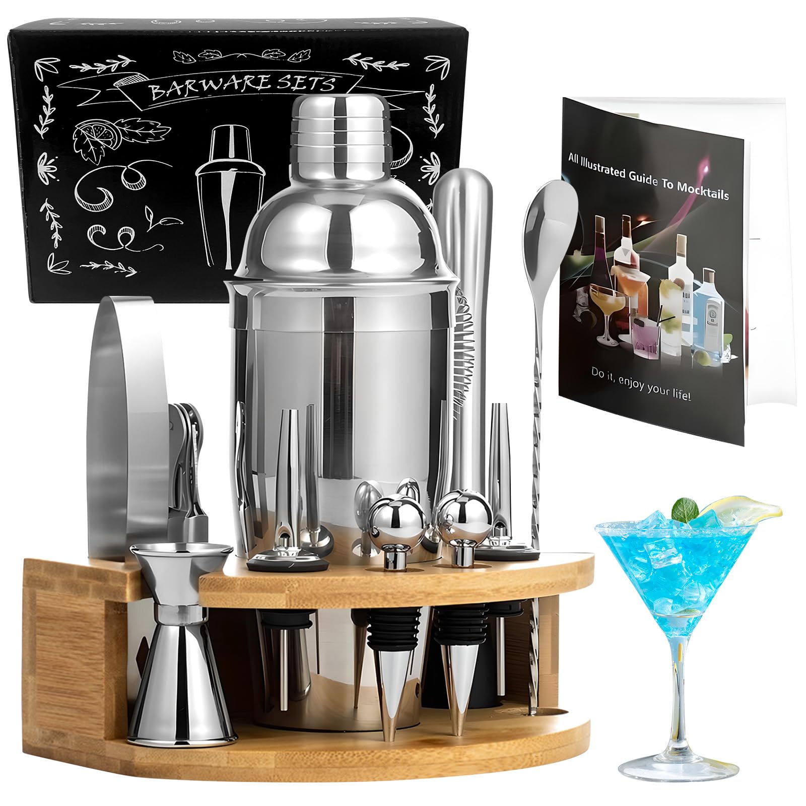 12-Piece Bartender Cocktail Shaker Set, 750 ml Stainless Steel Boston Cocktail Shaker, Perfect Cocktail Set with Wooden Stand for Home, Bar & Party Gift
