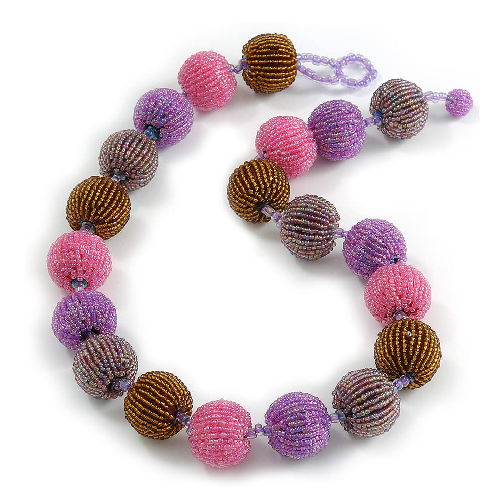 Avalaya Chunky Glass Beaded Necklace in Pink/Lavender/Golden Brown Colours/ 56cm L