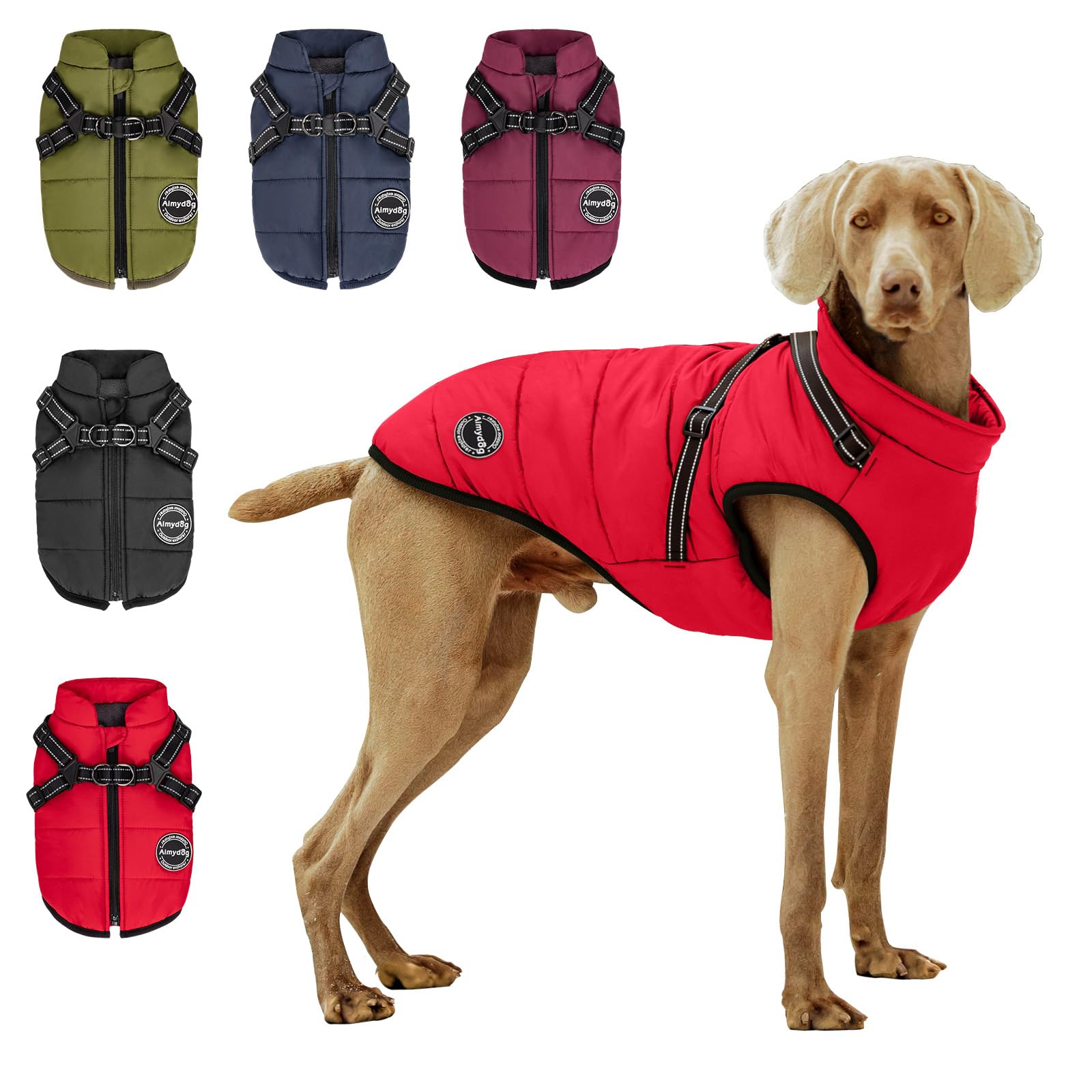 Photo 1 of AIMYDOG Warm Dog Winter Coat, Fashion Sports Dog Cold Weather Jacket with Built-in Harness, Reflective & Adjustable Comfortable Pet Vest, Windproof Apparel for Small Medium Large Dogs (Red)