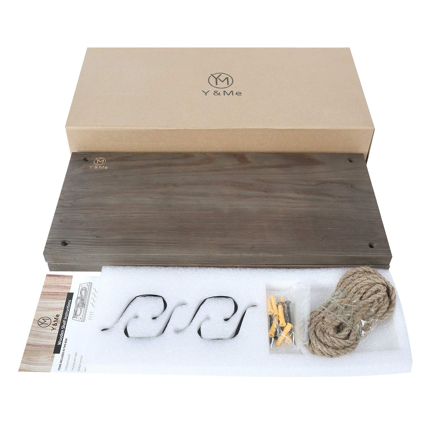 Y&ME Wood Rope Hanging Floating Shelves Set of 2, Rustic Wall Hanging Shelf with 4 Hooks,Wood Hanging Shelf for Living Room Bedroom Bathroom and Kitchen 17\