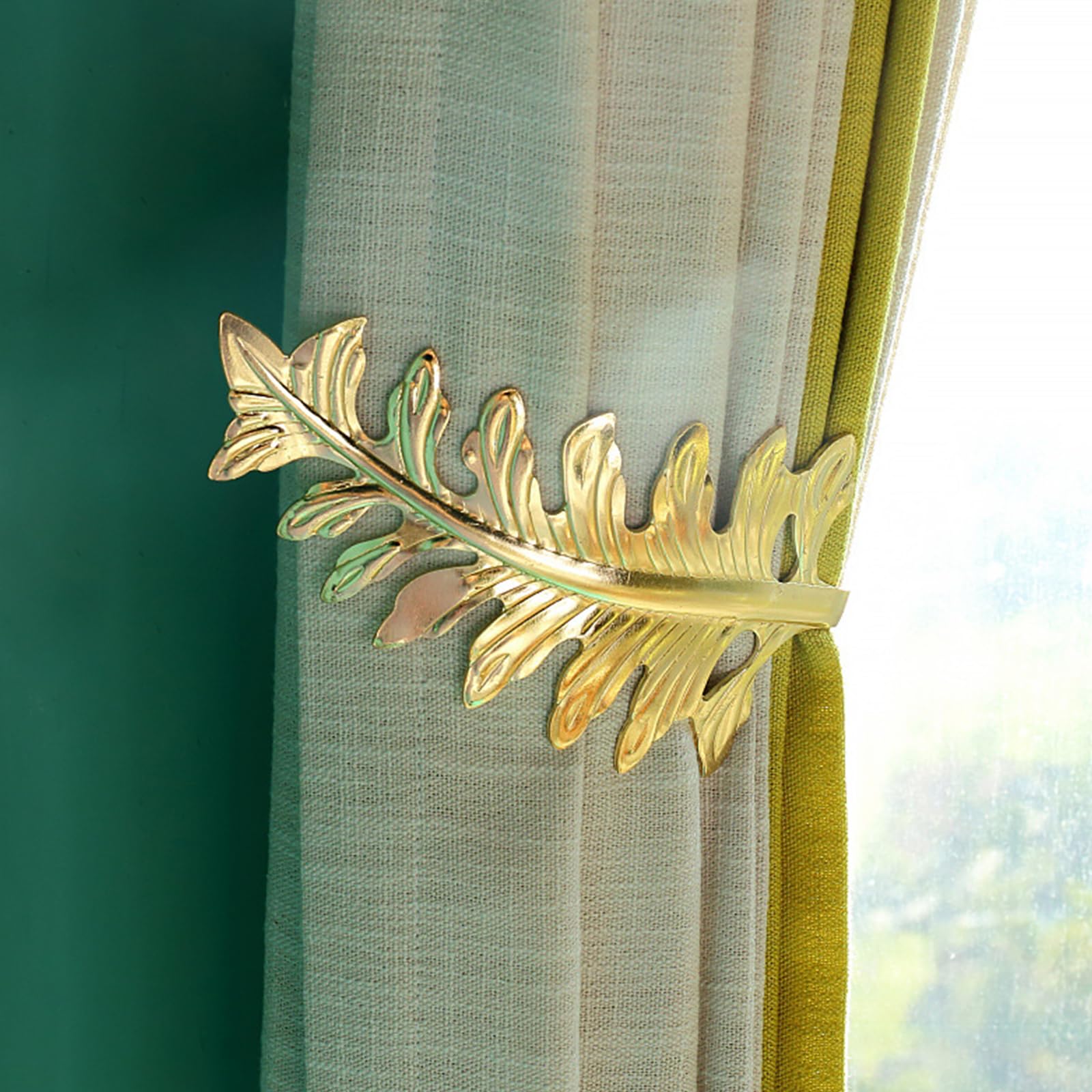 MoYouno 2Pcs Curtain Holdbacks, Large Vintage Leaf Design Tiebacks, Retro Decorative Curtain Holdback, Rustic Tiebacks Hooks, Gold