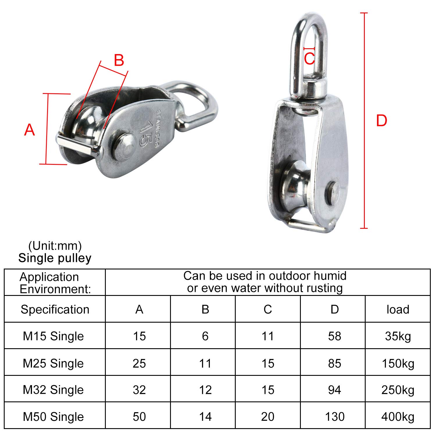 DasMarine 2 Pack Single Pulley Block in 304 Stainless Steel Crane Swivel Hook Single Pulley