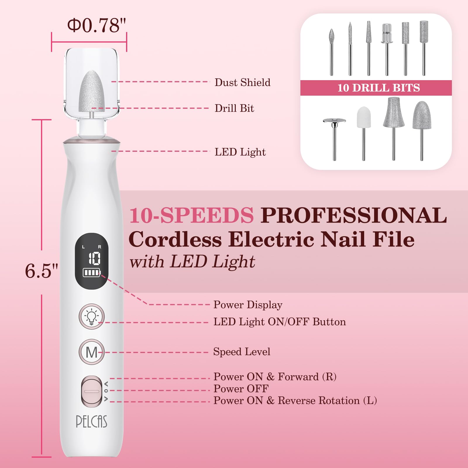 PELCAS Electric Nail File, 10 Speeds Cordless Nail Drill with LED Light, Portable Manicure and Pedicure Kit, Nail Grinder with LCD Screen for Human, Pet, Thick Toenails, Natural & Acrylic Nails