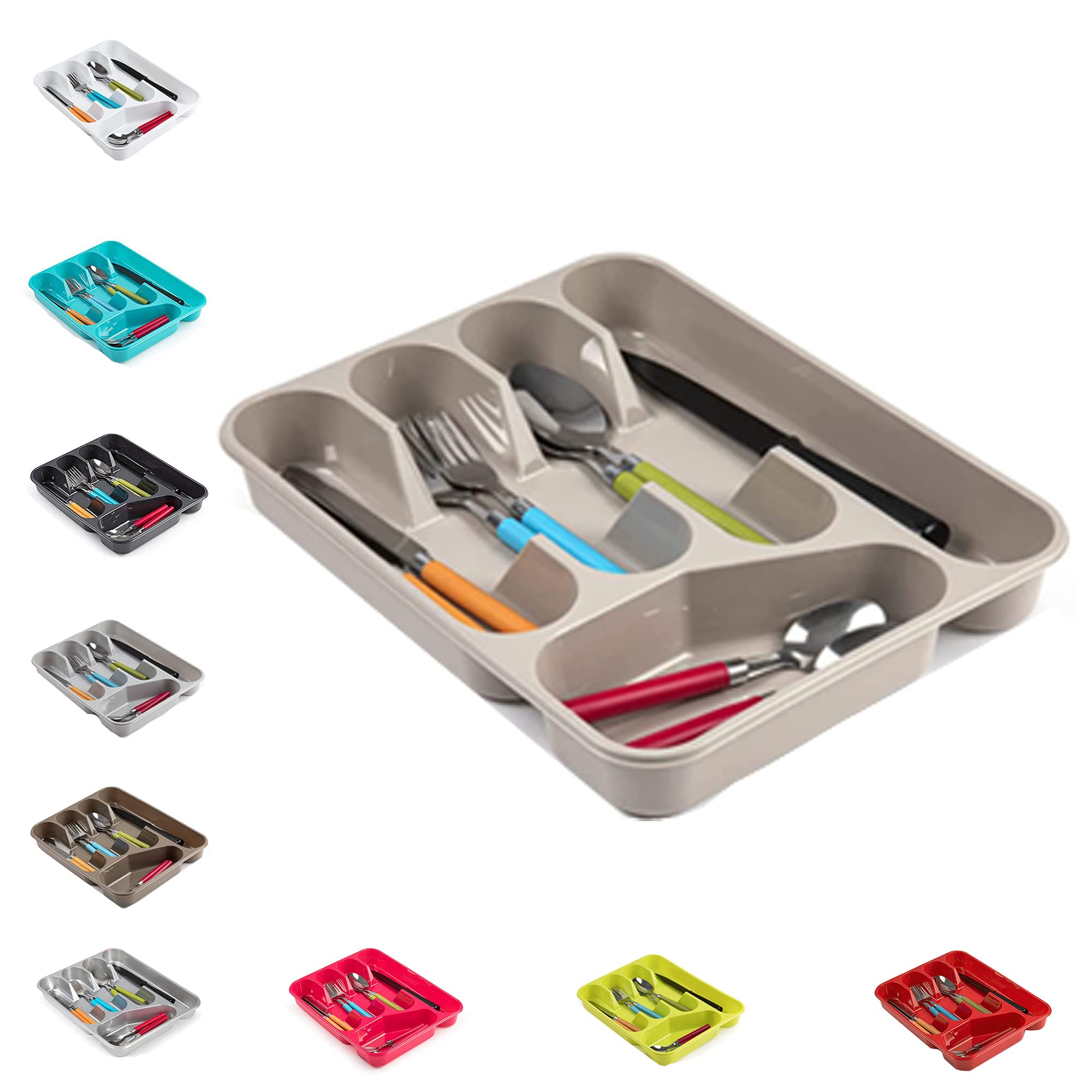 PLASTIFIC Large CUTLERY TRAY Flatware Organiser Strong Plastic Drawer Sliding Tidy Rack Holder Drawer Insert Tidy Storage, 33.5 x 26.5 x 4.5 cm - Solid Base, Taupe