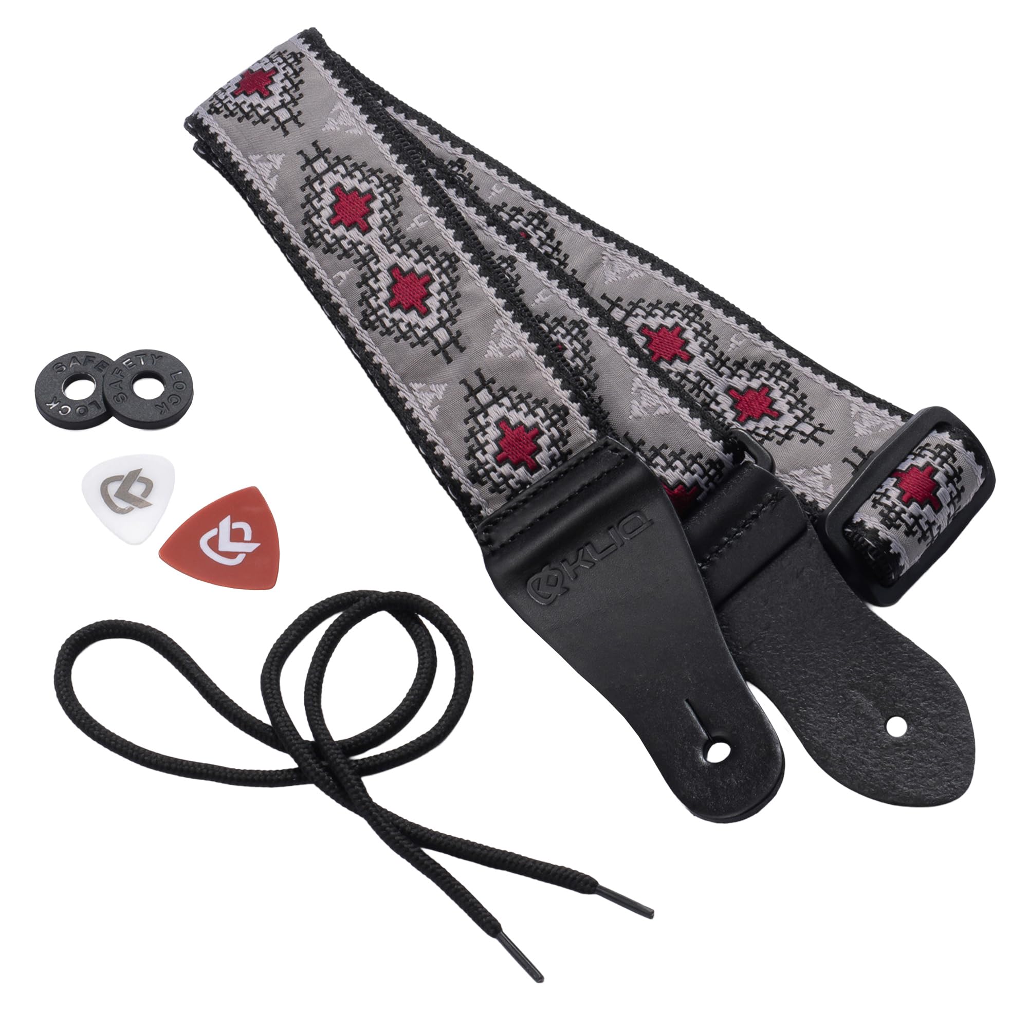 KLIQ Vintage Woven Guitar Strap for Acoustic and Electric Guitars + 2 Rubber Strap Locks, 2 Guitar Picks and 1 Lace | '60s Jacquard Weave Hootenanny Style | Native, Navajo Gray/Burgundy