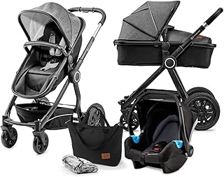 Kinderkraft Kinderwagen 3 in 1 VEO, Kinderwagenset, Kombikinderwagen, Buggy und Tragewanne in Einem, Babyschale, Zweistufige Federung, Große Räder, Schnelles Zusammenklappen, Schwarz