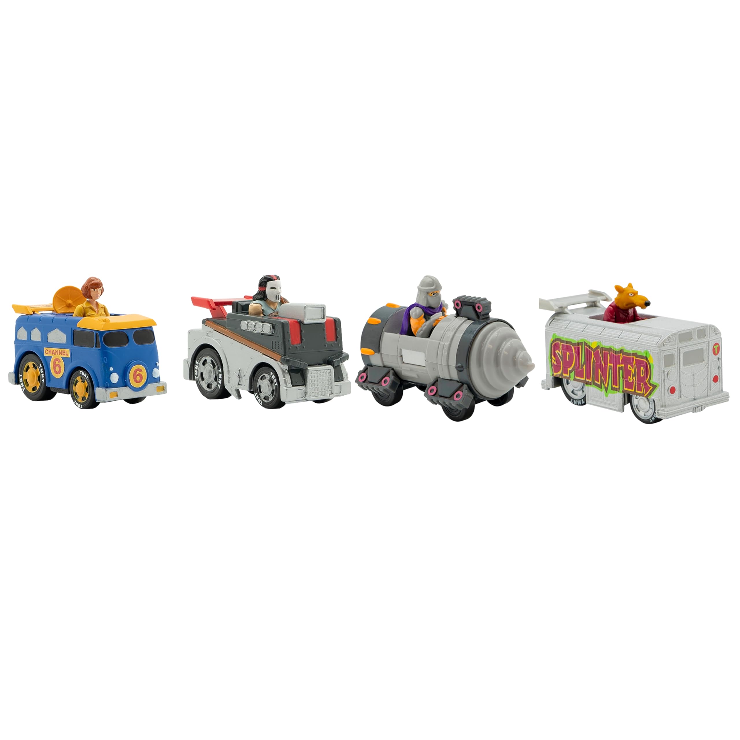Teenage Mutant Ninja Turtles Toy, 1:64 Diecast Shell Riders Set with Casey Jones, April, Splinter & Shredder, Classic Edition Ninja Turtle Figures for Kids, Ages 3+