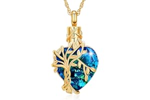 shajwo Tree of Life Cremation Heart Urn Ashes Necklace for Women Men Cremation Crystals Ash Pendant Loved One Memorial Jewelry