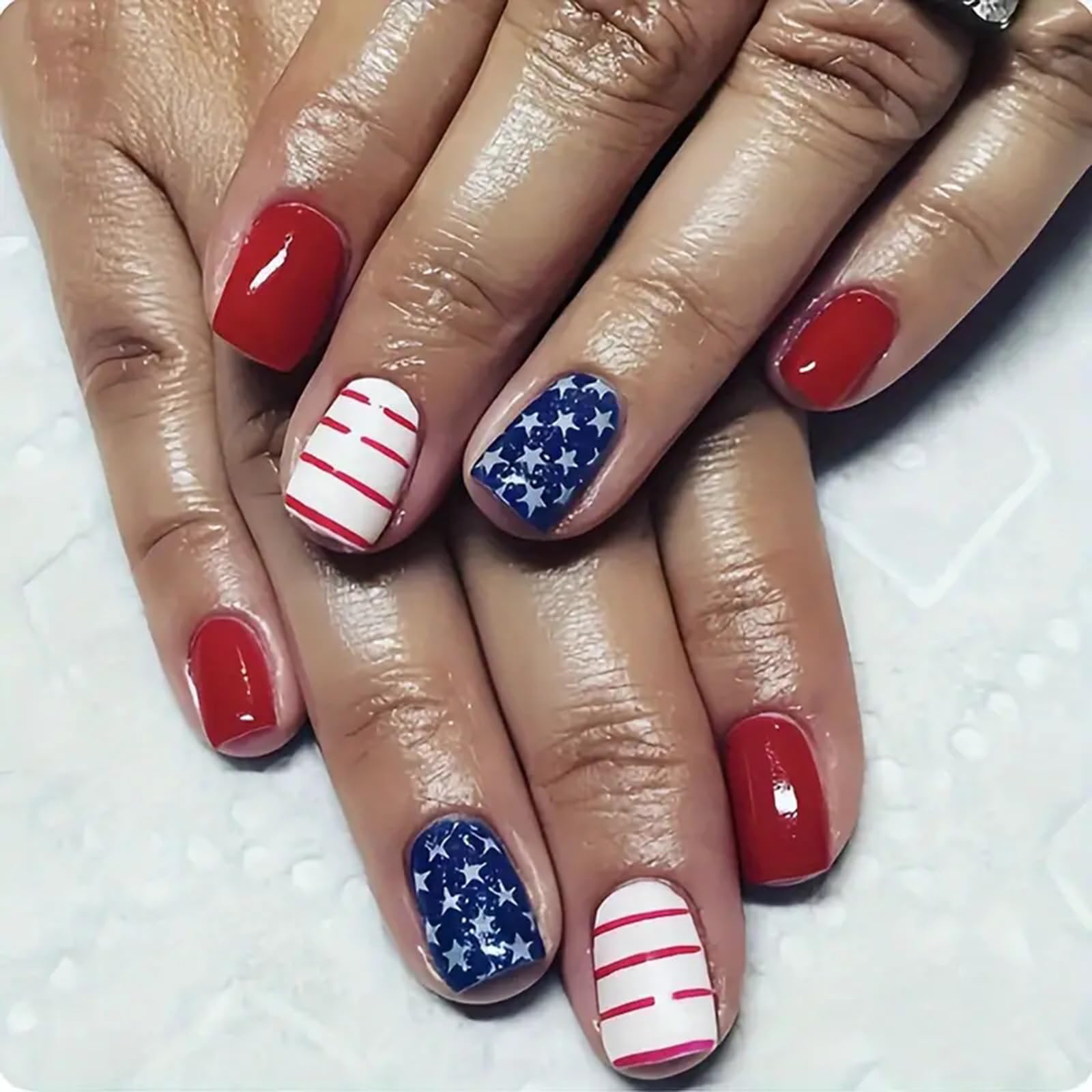 Photo 1 of 24Pcs Independence Day Press on Nails, Red Stripe White Star Fake Nails with Silver Glitters Designs Short Square 4th of July Fake Nails Full Cover Red Stick on Nails Patriotic False Nails for Women