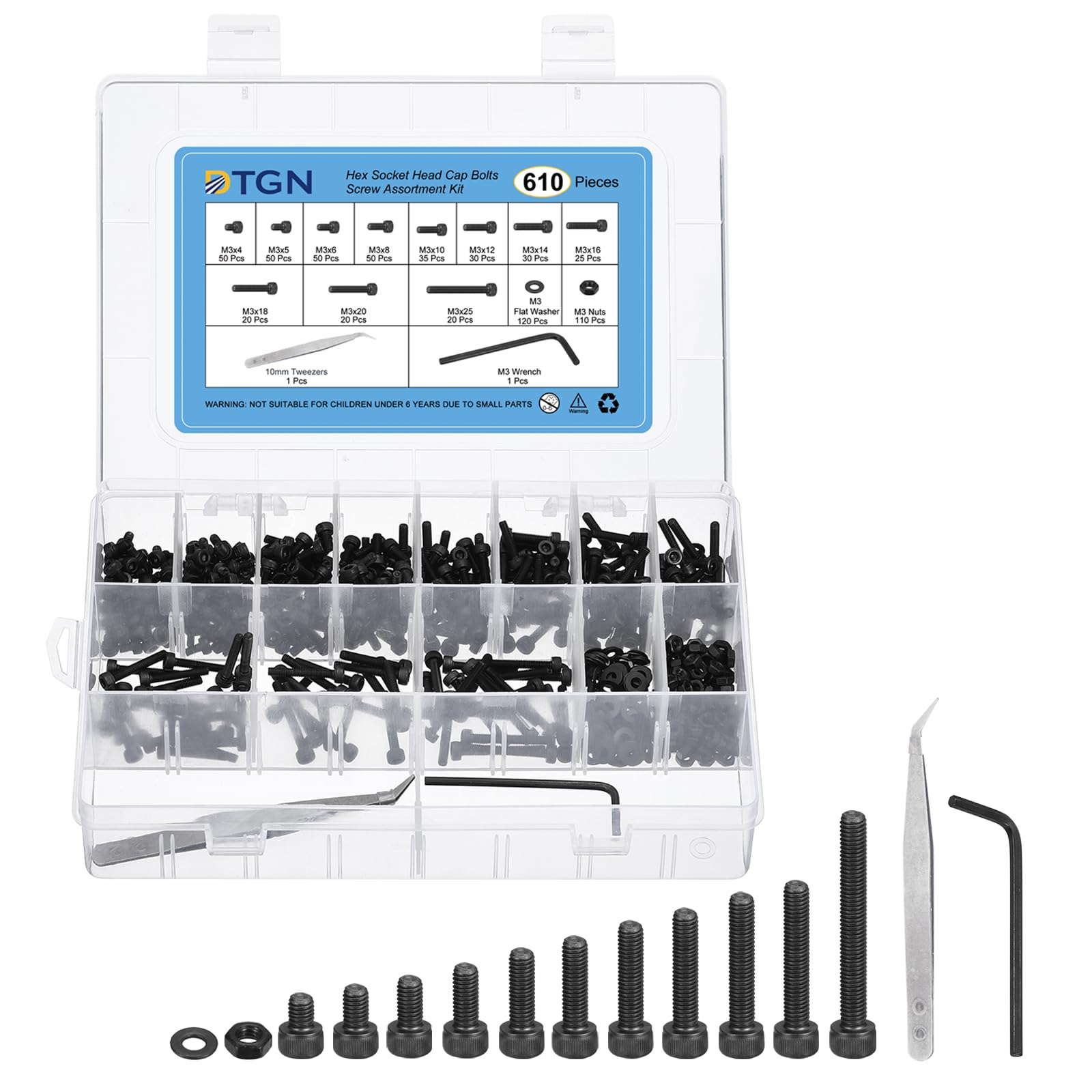 DTGN 610Pcs M3 Metric Screw Assortment, Bolts and Nuts Kit, 12.9 Grade Steel M3x4/5/6/8/10/12/14/16/18/20/25mm Hex Socket Head Cap Screws Bolt Set With Wrench, Washers, Tweezers
