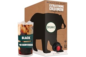 Wandering Bear Straight Black Organic Cold Brew Coffee On Tap, Iced Coffee Drink - Extra Strong, Smooth, No Sugar Added, Shelf-Stable, Ready to Drink, 100% Organic - 16 Servings of 6fl.oz - 96fl.oz