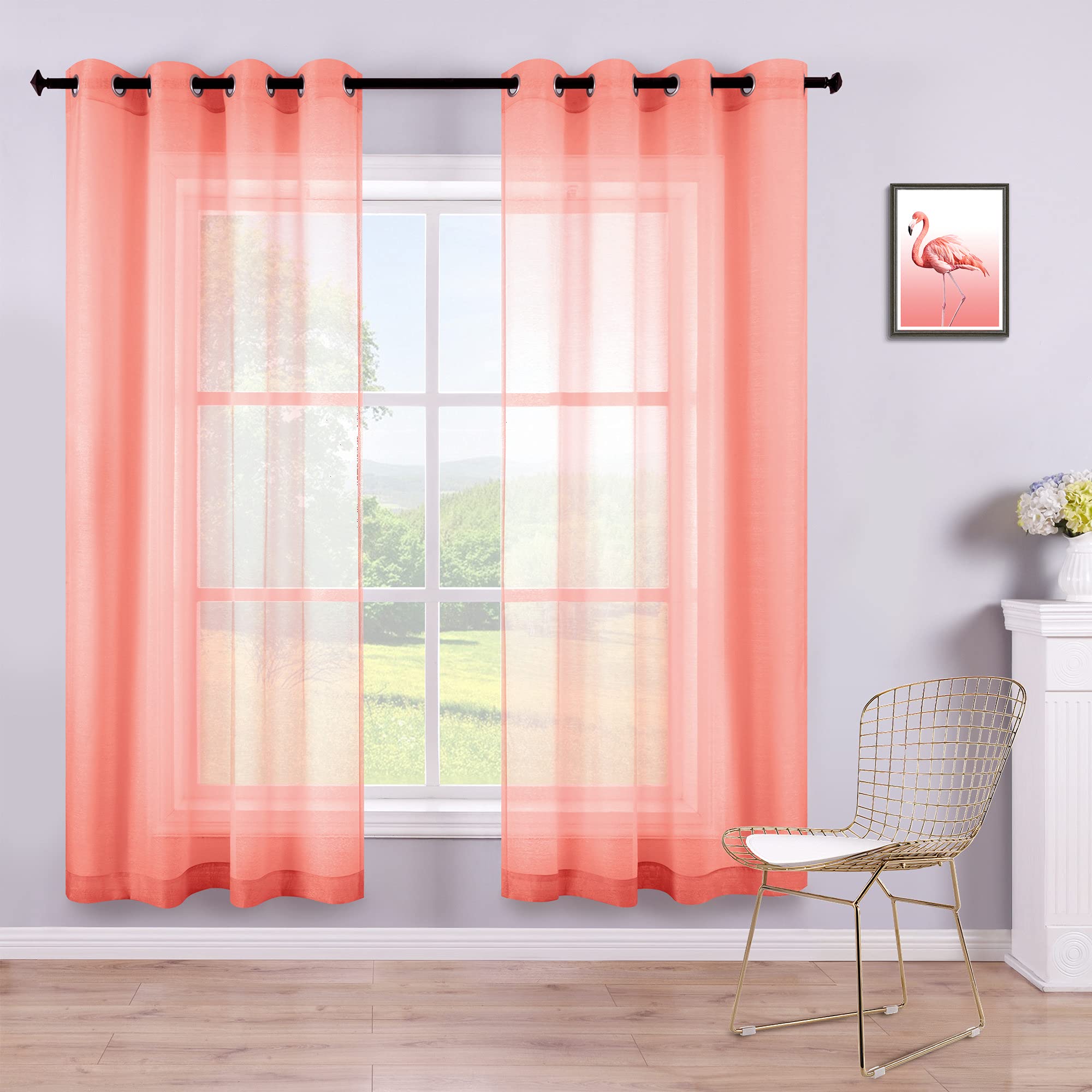 KOUFALL Coral Curtains 63 Inch Length for Girls Bedroom Decor 2 Panels Set Grommet Semi Voile Window Drapes Orange Coral Sheer Curtains for Living Room Kids Nursery Fall Decorations 52x63 Long