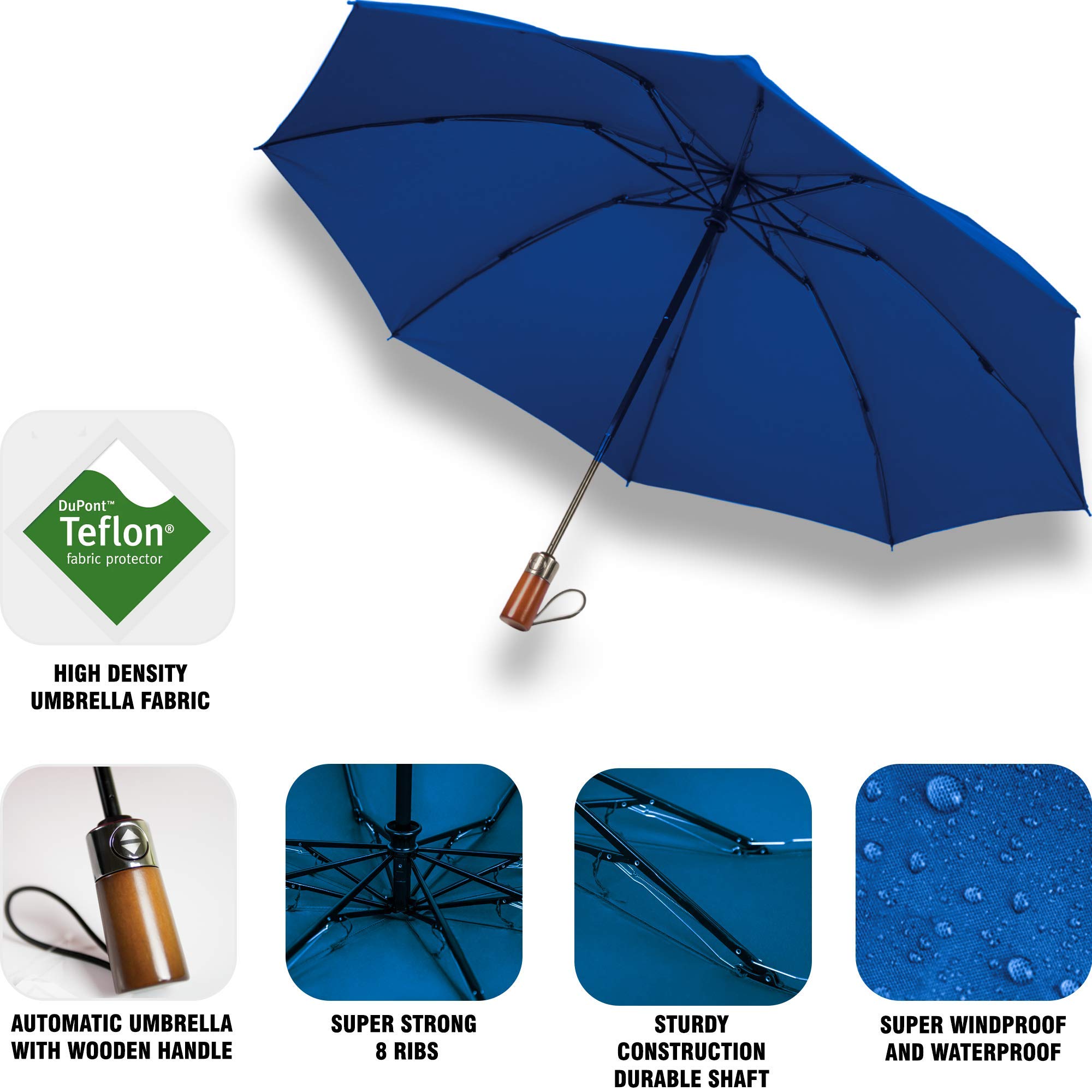 Inverted Umbrella Windproof Automatic Lightweight - Large Canopy with Compact Folding Umbrellas for Rain, Travel Auto Open and Close, Strong Reverse Umbrella, Blue