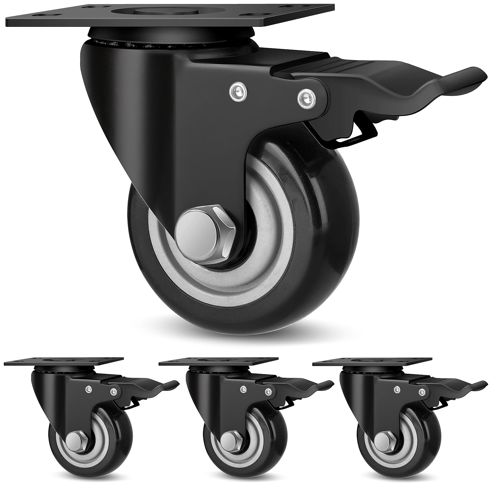 Photo 1 of TABKEER 3 Inch Industrial Heavy Duty Swivel Caster Wheels with Brake,Set of 4 Safety Locking Casters,Load 1600lbs,Premium Polyurethane Wheels for Table,Trailer,Saw Table,Stage Toolbox,Bed,Corn Board