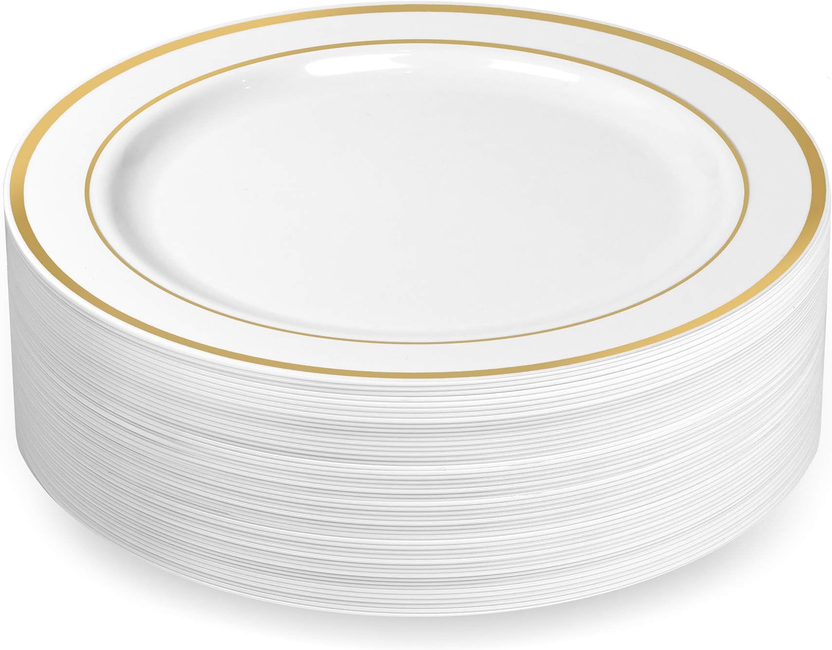 BloominGoods Gold Rimmed Plastic Dinner Plates (100 Pack) 10.25" Inch Heavyweight White Weddings Parties and Events Plates with Real China Look | Disposable or Reusable