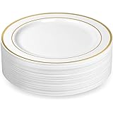 BloominGoods Gold Rimmed Plastic Dinner Plates (100 Pack) 10.25" Inch Heavyweight White Weddings Parties and Events Plates with Real China Look | Disposable or Reusable