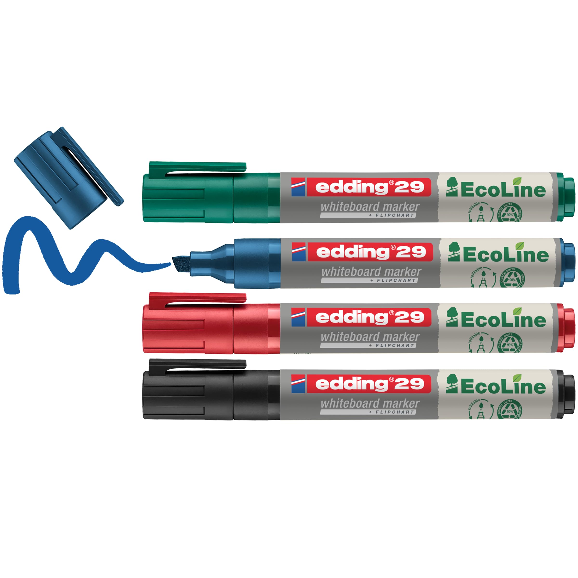 edding 29 EcoLine whiteboard marker - black, red, blue, green - set of 4 whiteboard pens - chisel nib 1-5 mm - whiteboard pen dry wipe - for whiteboards, flipcharts, memo boards - sketchnotes