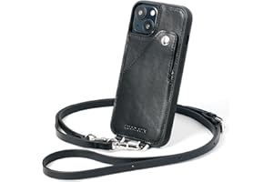 LUCKYCOIN Full Leather Crossbody Lanyard Case for iPhone 13 Mini 5.4 in,Genuine Leather Wallet Phone Case with Credit Card Holder,Adjustable Lanyard Shoulder Strap,Shoulder Phone Case for Black