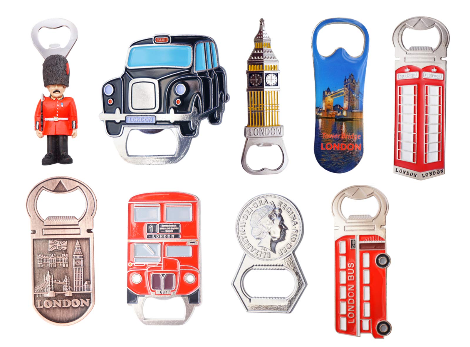 Great Mix of London Icons Bottle Opener Fridge Magnets - Set of 9 (SHOPONICA)
