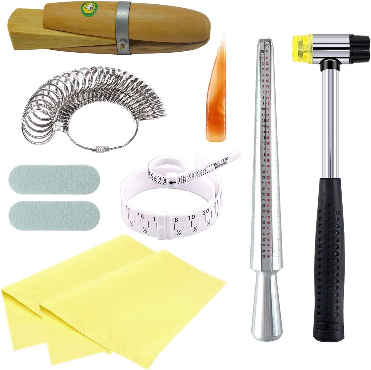 11Pcs Jewelry Ring Sizer Tools Set, Ring Mandrel, Ring Sizer Guage, Wood Ring Clamp, Rubber Hammer, Plastic Ring Sizer Gauge, Jewelry Polishing Cloth, Polishing Stick, Polished Agate