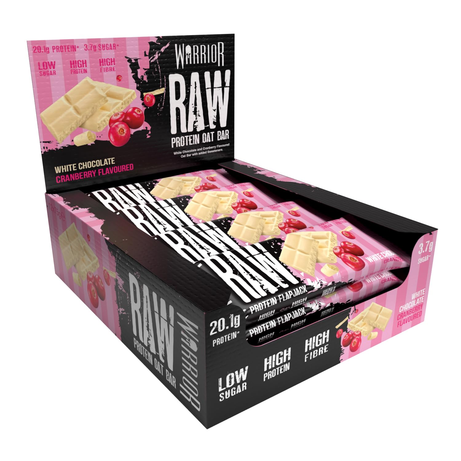 Warrior Raw Protein Bars 20g Protein Per Bar – High Protein Snack Bars Multipack (12 or 24 Bars, 75g Each) Low Sugar, High Fibre Breakfast & Meal Replacement Bar White Chocolate Cranberry Flapjack