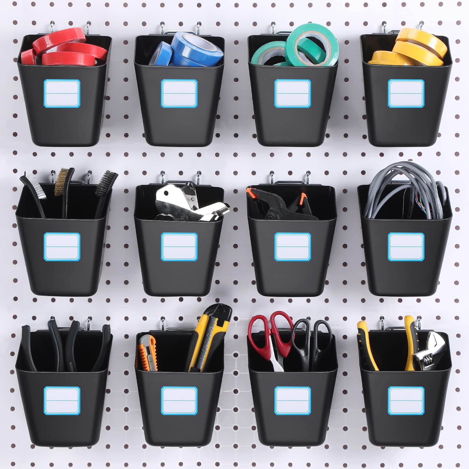 Namalu 12 Pack Peg Board Storage Bins with Labels and Hooks Square Box Shape Pegboard Cup Holder Accessories Pegboard Organizer for Craft Room Wall Holder Workbench(4.7 x 4 x 5 Inch, Black) — image 1