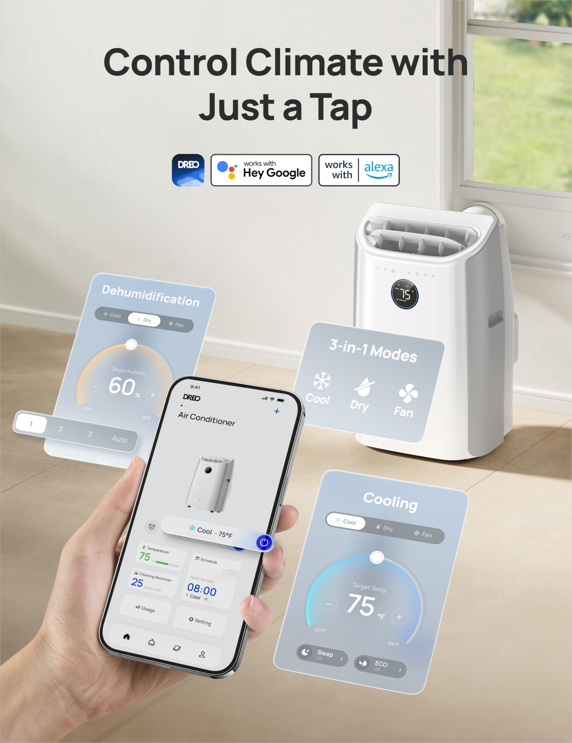 Dreo Portable Air Conditioners, 12000 BTU ASHRAE (8000 BTU DOE) Smart AC Unit for Room with Drainage-free Cooling, APP/Voice/Remote, Fan & Dehumidifier, Quiet Standing AC for Bedroom, AC515S New