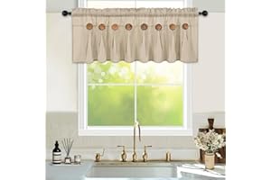 FRAMICS Farmhouse Valance Curtains, Boho Cotton Linen Kitchen Valance, Rustic Button Window Valances for Kitchen Bathroom Bedroom, Country Rod Pocket Valances for Windows, Linen Color, 52 x 18 Inch