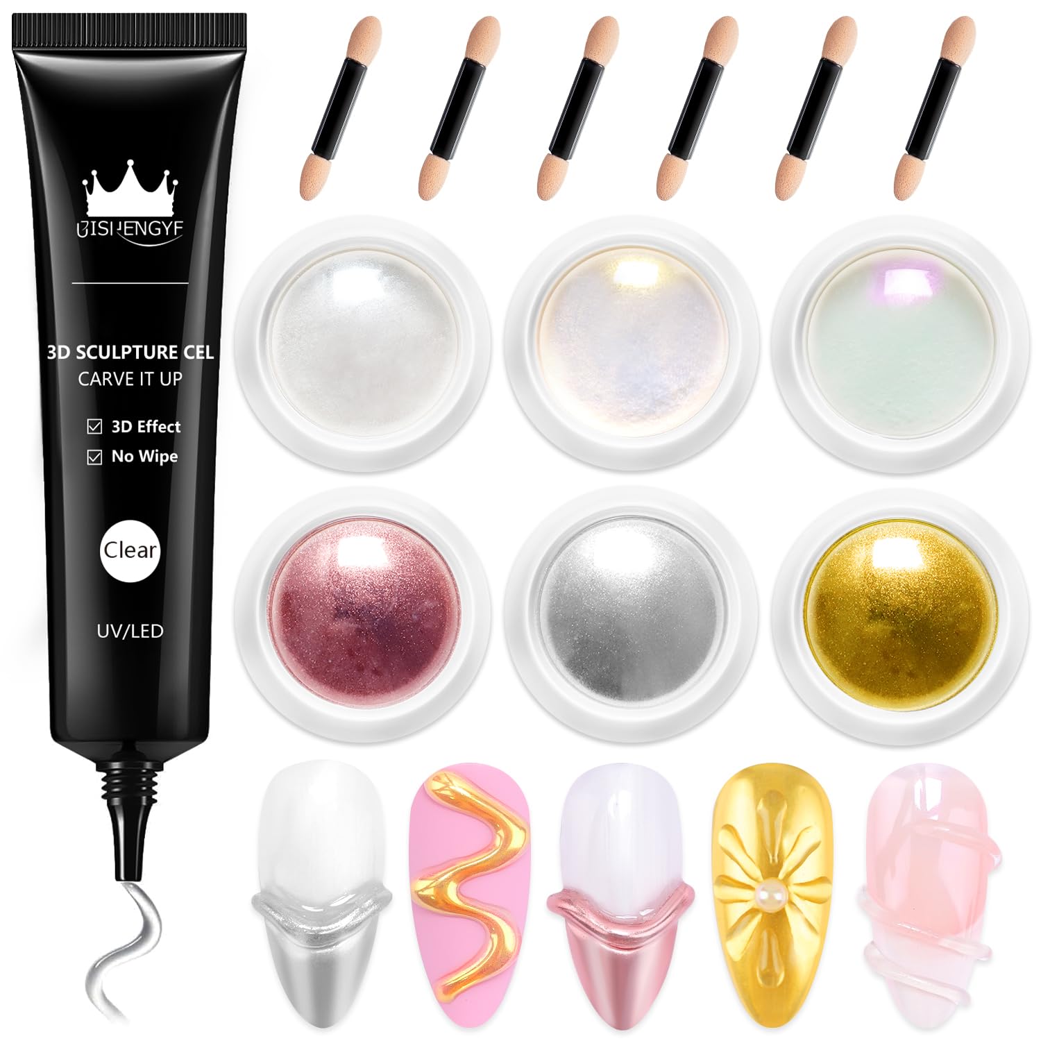 BISHENGYF Multifunctional 3d Nail Gel: No Wipe 15g 3d Gel For Nails And 6pcs Silver/Gold Chrome Nail Powder,Metallic Yellow Pearl Chrome Nail Powder,5d Molding Ge l For Nai ls Decoration (Pink/Rose)