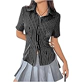 SweatyRocks Women's Striped Button Down Shirt Short Sleeve Collared Fitted Work Office Blouse Dressy Tops