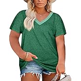 Womens Plus Size V Neck T Shirts Summer Short Sleeve Sexy Tops T-Shirts Tunic Casual Loose Fit Soft Basic Tees