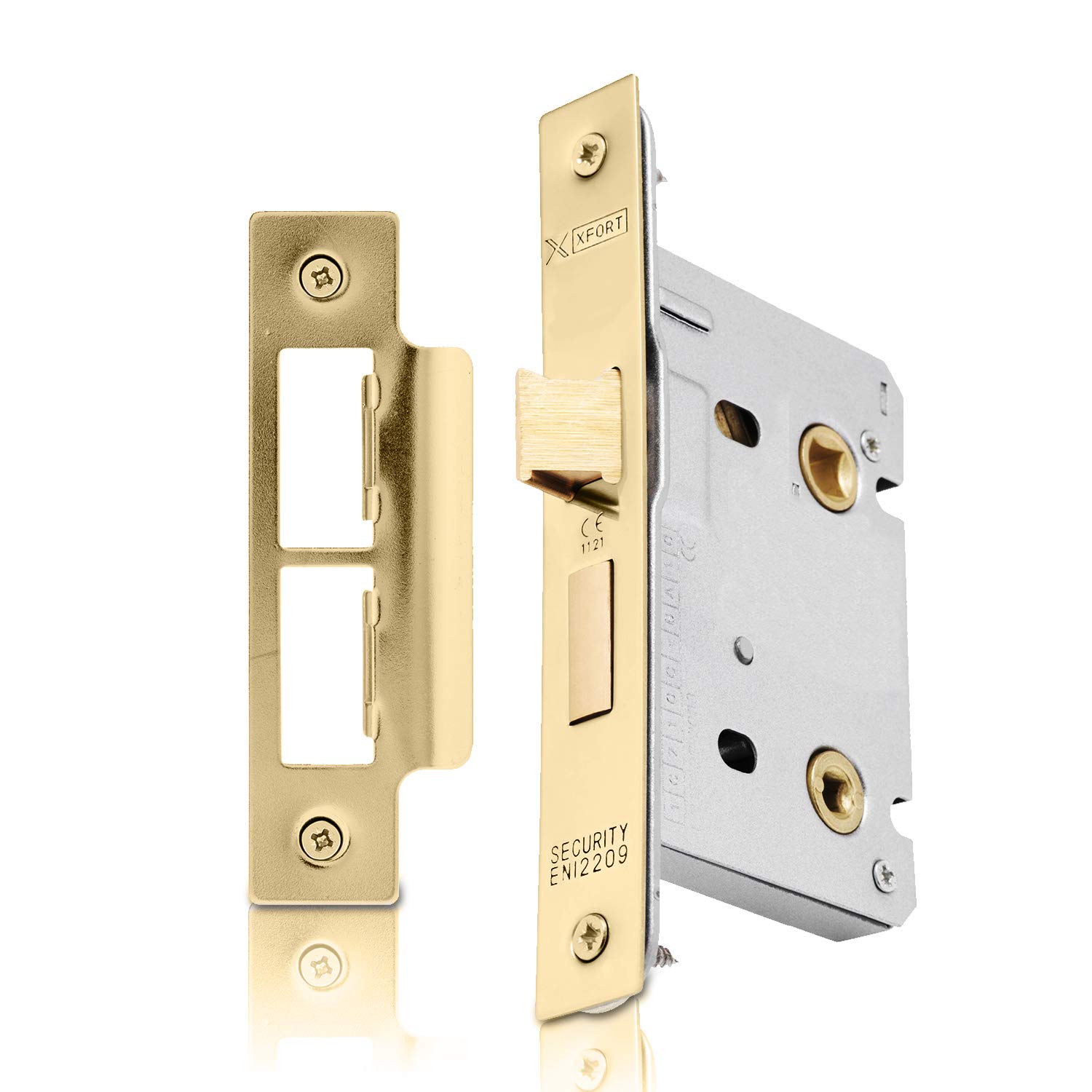 XFORT® Polished Brass Bathroom Lock 75mm for Internal Wooden Doors, Mortice Door Lock for Bathroom, Door Latch Mechanism and Thumbturn Locking Door Security, CE Approved and Fire Rated Protection