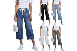 Capri Jeans for Women Trendy Elastic Waisted Wide Leg Drawstring Cropped Denim Pant Summer Loose Jean with Pocket