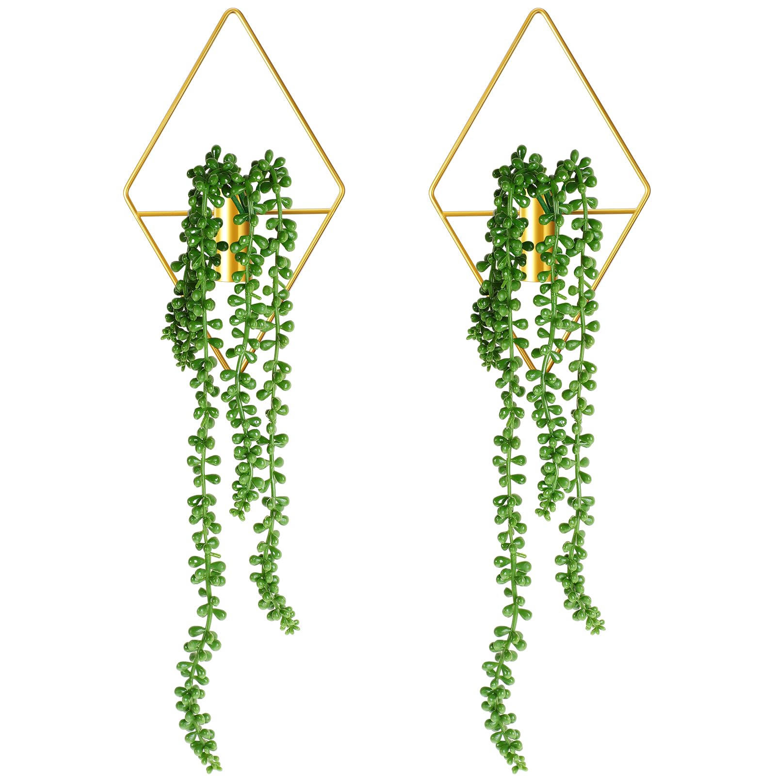 Photo 1 of (fair) Jexine 2 Pcs Boho Wall Decor Gold Hanging Planters with Artificial Plants Wall Art Mounted Metal Home Decor Display Bedroom Bathroom Living Room (Succulent Plants)