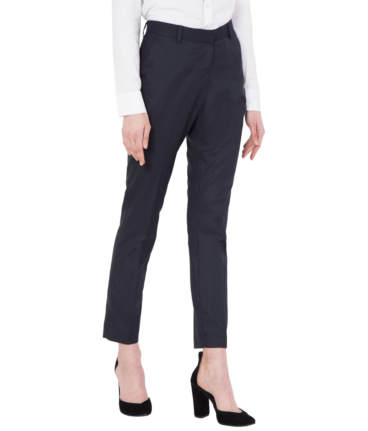 american-elm women's blue solid cotton stretchable office wear trouser