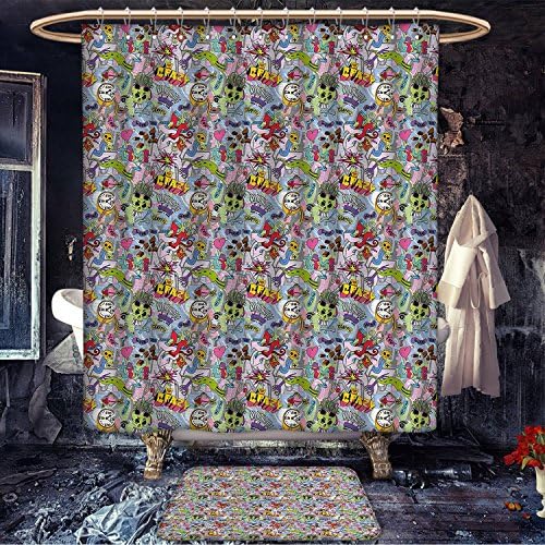 Art patterned Shower curtain bath mat set Hip-Hop Inspired Colorful Graffiti Doodle Crazy Love Time Cool Skull Street Art Print Bathroom Decor Sets with Hooks Multicolor