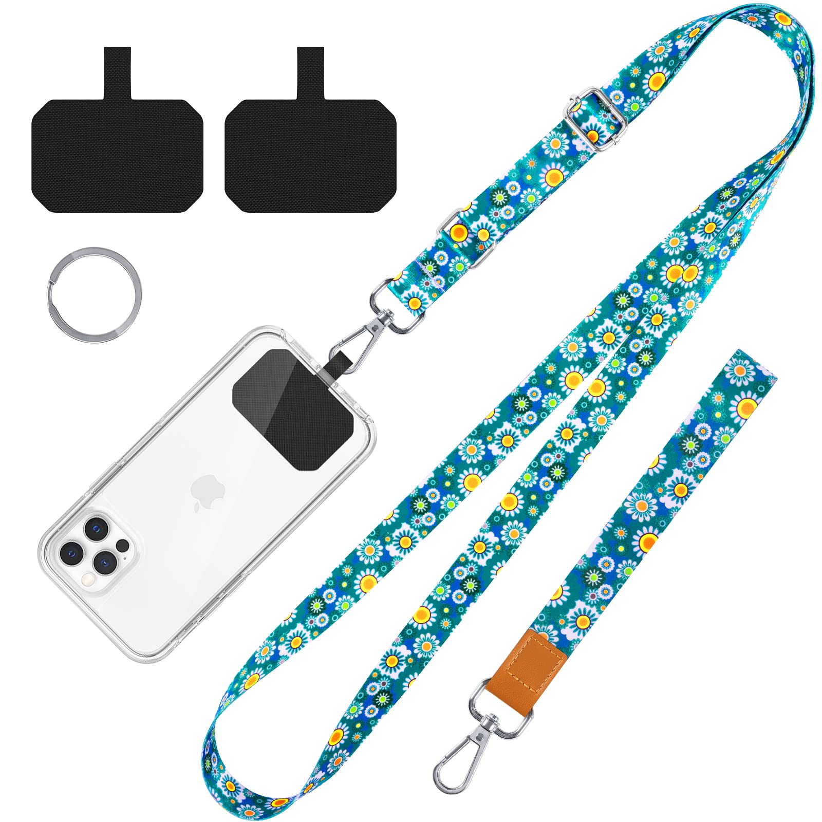 Flower Cell Phone Lanyard, Crossbody Neck Lanyard, Hand Wrist Strap for Cell Mobile Phone,Key Chain, Card Holder,ID Badge, Shoulder Neck Strap for All Smartphones.Free 2×Pads, Metal Keyring