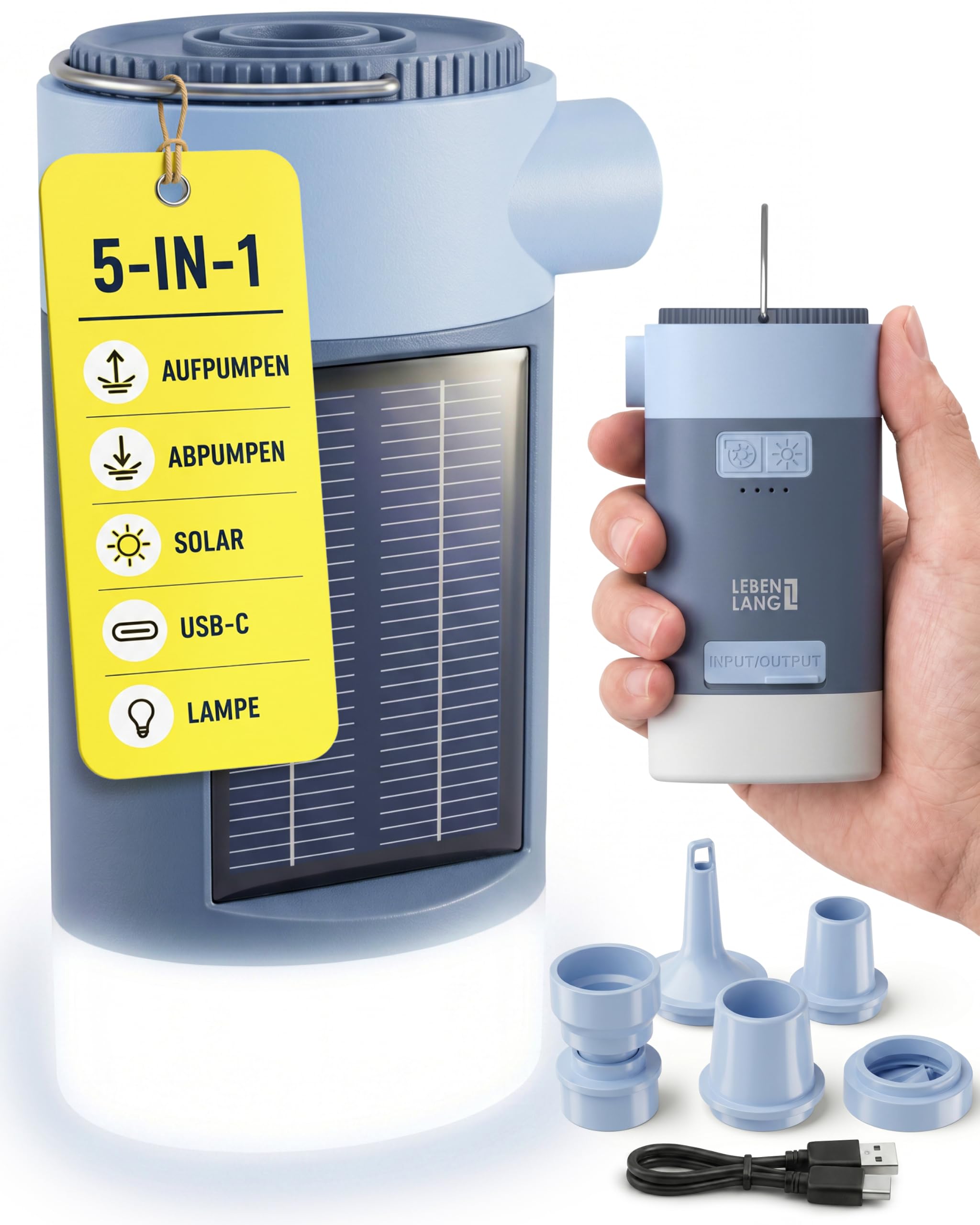 LEBENLANG 3 in 1 Elektro Luftpumpe Akku - 4,5kPa & 4000mAh mit Solarpanel