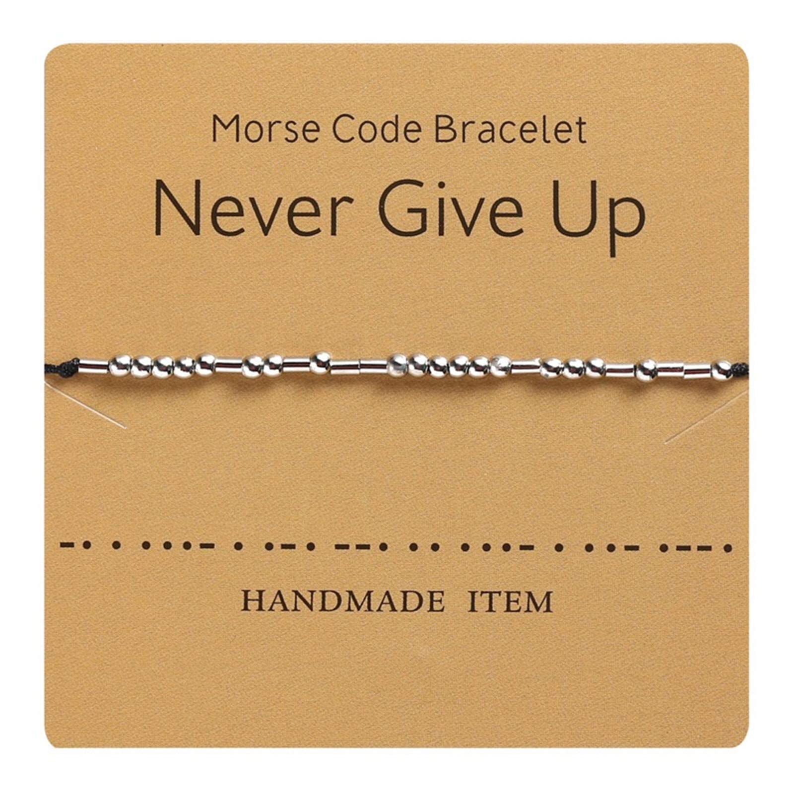 HMOOY Morse Code Bracelet Silver Plated Beads on Silk Cord Friendship Bracelet Secret Message Morris Jewelry for Women Men Gifts for Her Him (Never give up)