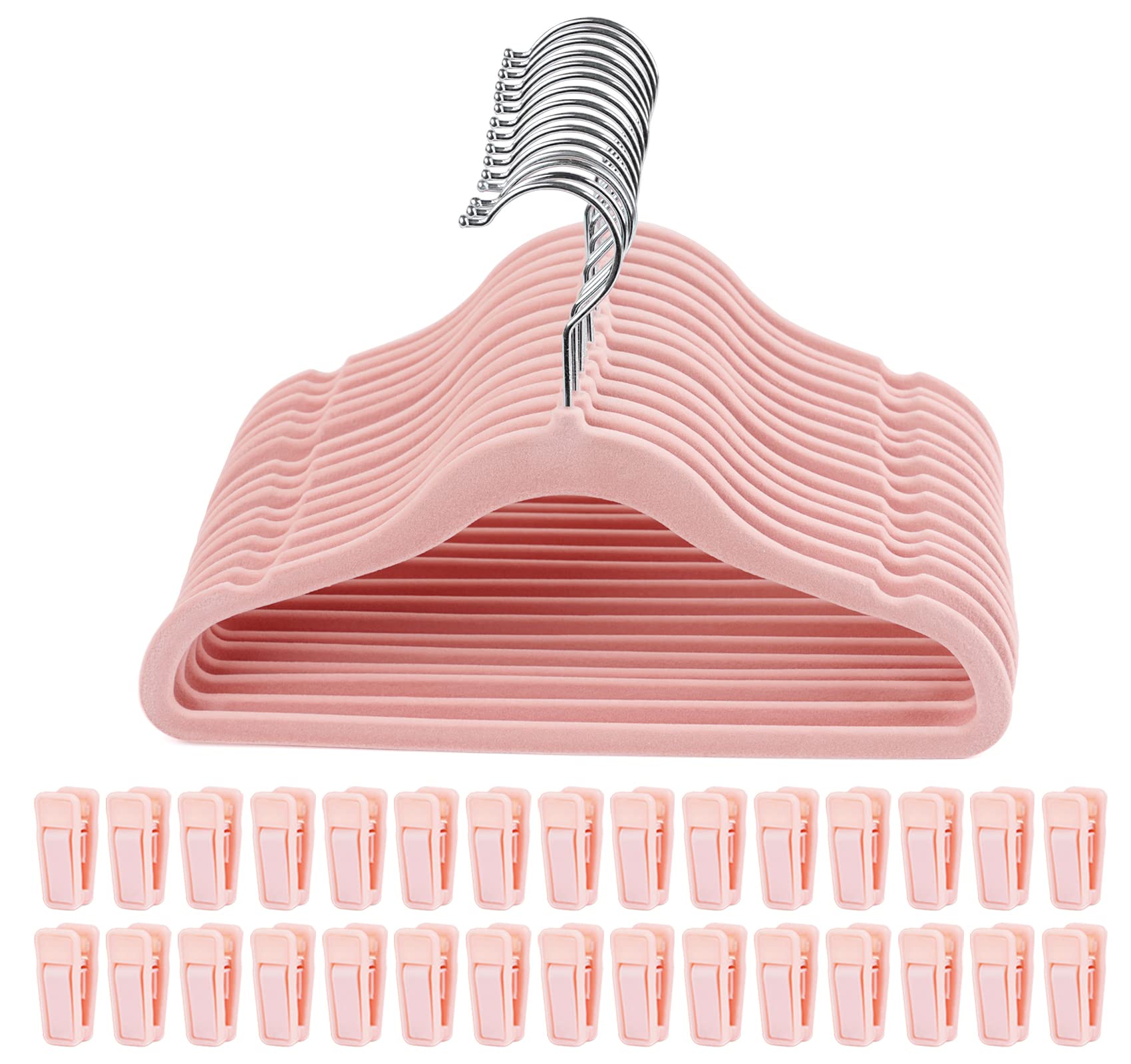 HOUISM Baby Hangers Velvet Pink with 30 Finger Clips, Non-Slip & Ultra Slim Kids Clothes Hangers for Full Outfits, Space Saving Closet Organizer-15Pack