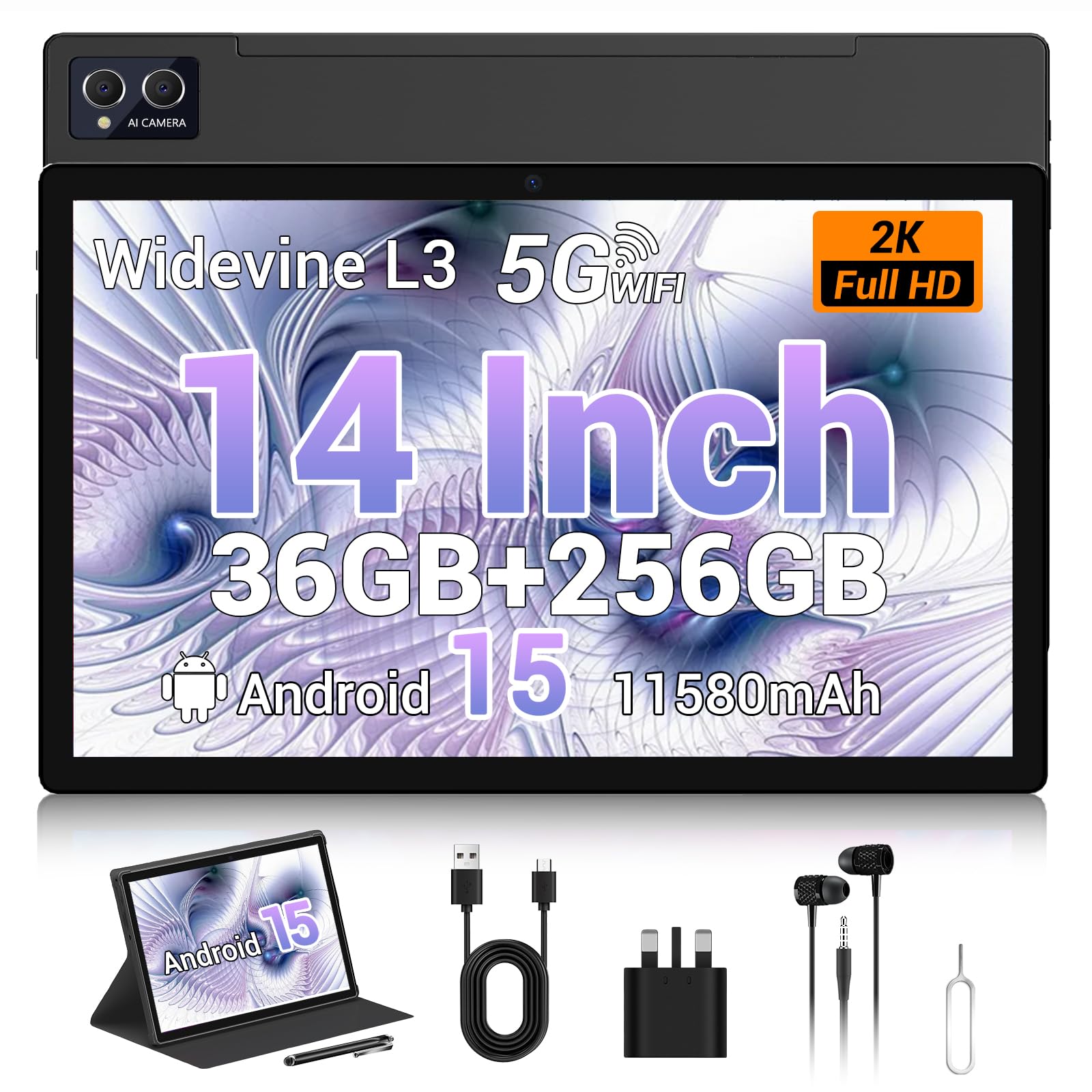 Photo 1 of ROSYVIBE 2025 14 Inch Android 15 Tablet with Stylus, 2K FHD Display, 36GB RAM 256GB ROM (1TB TF), 11580mAh Battery,MT6769 8-Core 2.0GHz,4 Speakers,8+13MP with Earphones, FM Radio, GPS, FCC/CE - Black