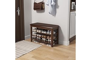 KASLANDI Shoe Bench with Leather Cushion, 3 Tiers Shoe Storage Bench Height Adjustable, Walnut Wood Entryway Bench for Hallway, Mudroom