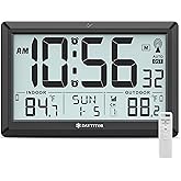 Atomic Clock Wall with Indoor/Outdoor Temp &amp; 10.5" Large LCD Display, Black | Battery Operated Digital Wall Clock with 330ft Range Wireless Sensor,Alarm,Auto DST,Calendar for Living Room Bedroom Office
