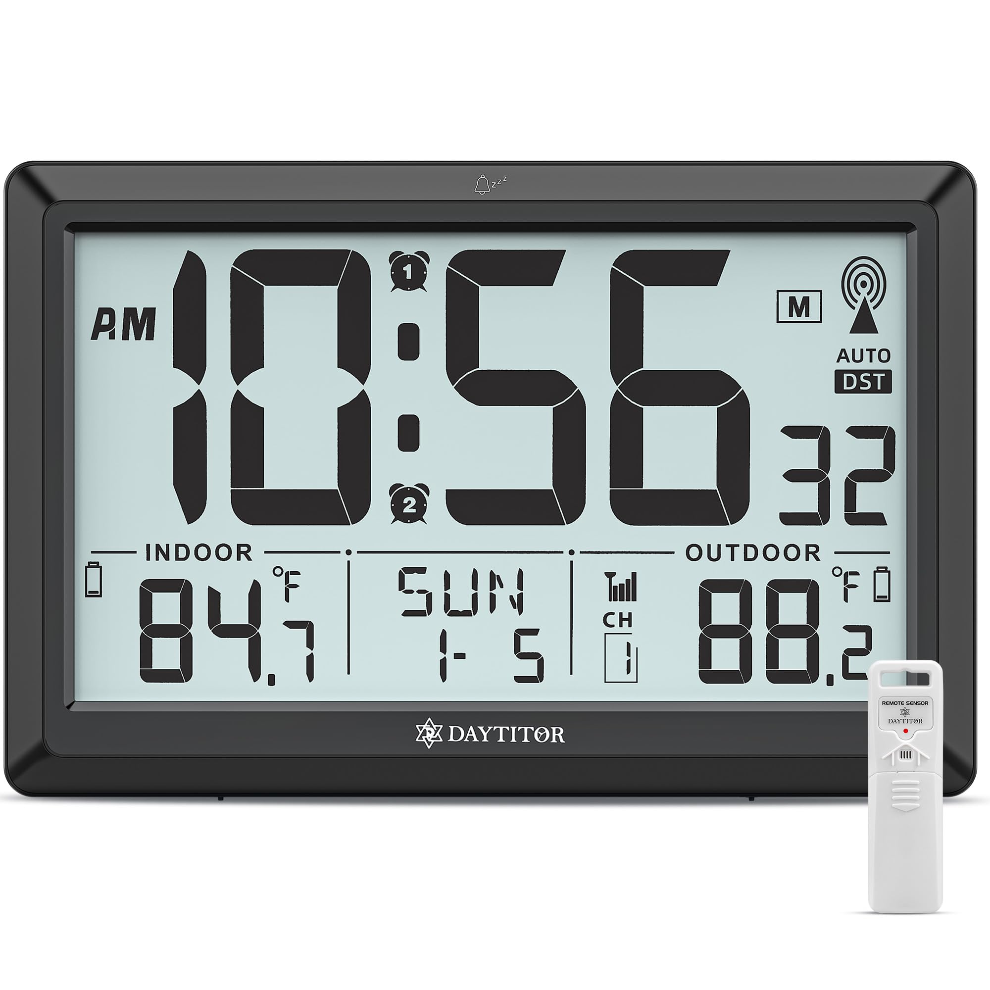 Photo 1 of Atomic Clock Wall with Indoor/Outdoor Temp, Battery Operated Digital Wall Clock with 10.5" Large LCD Display, 330ft Range Desk Table Clock with Alarm, DST, Calendar for Living Room Bedrooms, Black